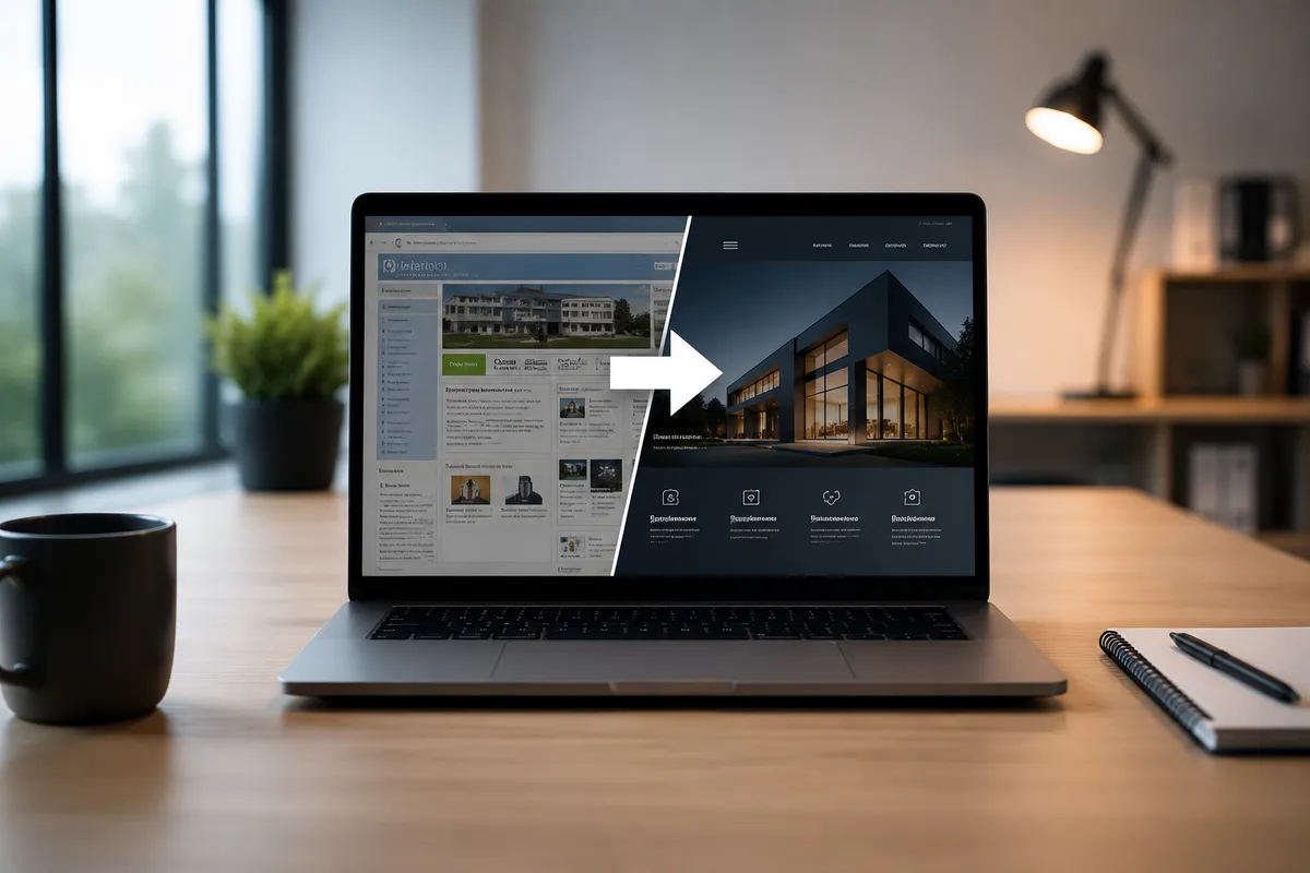 På en laptop: en gammel, rotete nettside til venstre og en moderne, ren nettside til høyre, med en pil som peker fra den gamle til den nye versjonen.